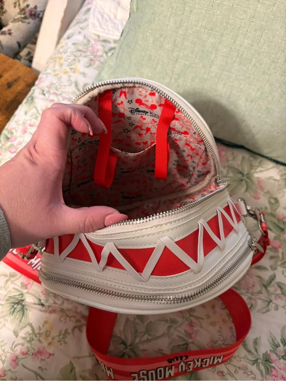 Loungefly Red and White Mouseketeers Round Crossbody Bag